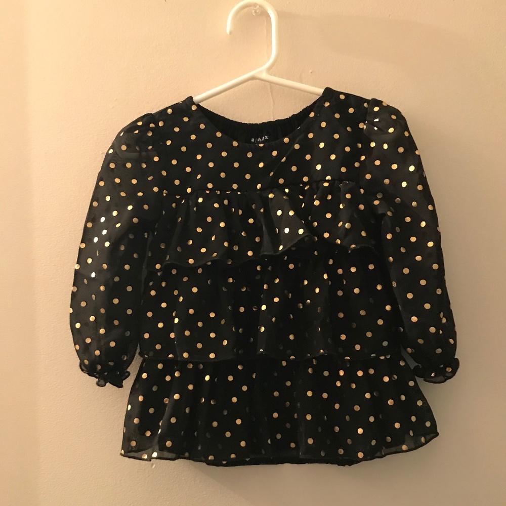 🌻Gold Polka Dot Top With Sheer Sleeves And Ruffles